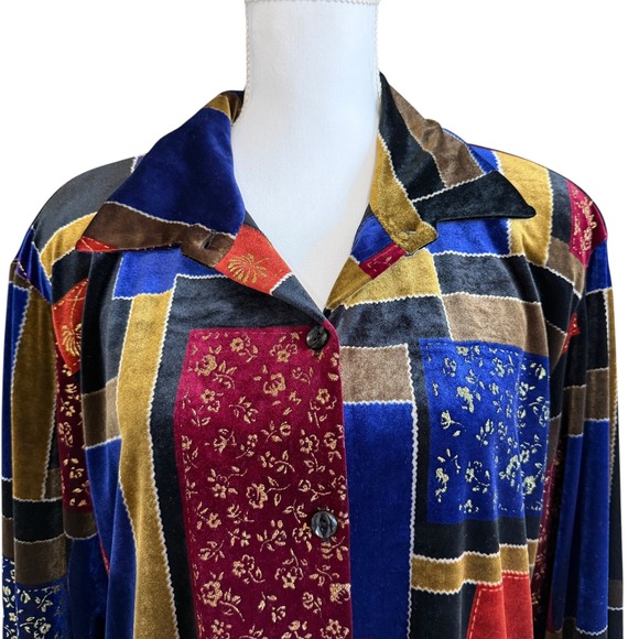 Susan Graver Style Patchwork Velvet Button Down Long Sleeve Top - Size M‎ - Picture 4 of 9
